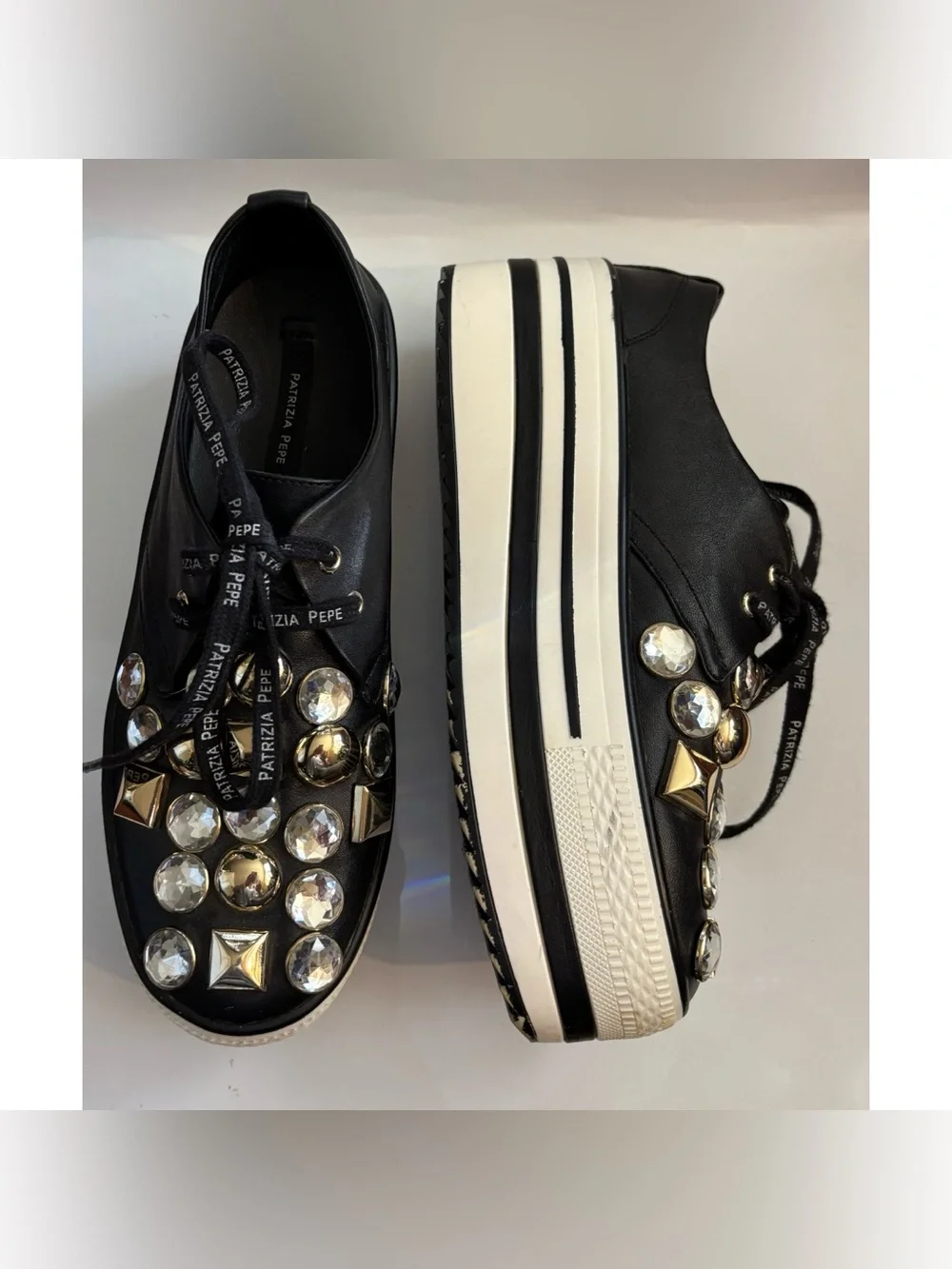 Patrizia Pepe Black Crystal & Gold-Stud Platform Sneakers Size 38